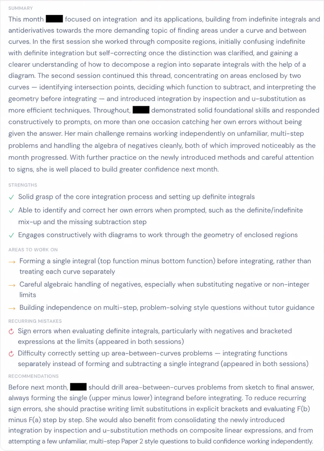 An anonymised real monthly IB Maths progress report showing a summary, strengths, areas to work on, recurring mistakes and recommendations